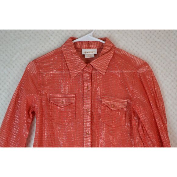 Ariat Women's Medium Red Gold Plaid Sheer Snap Button Down Long Sleeve Shirt - Picture 10 of 14